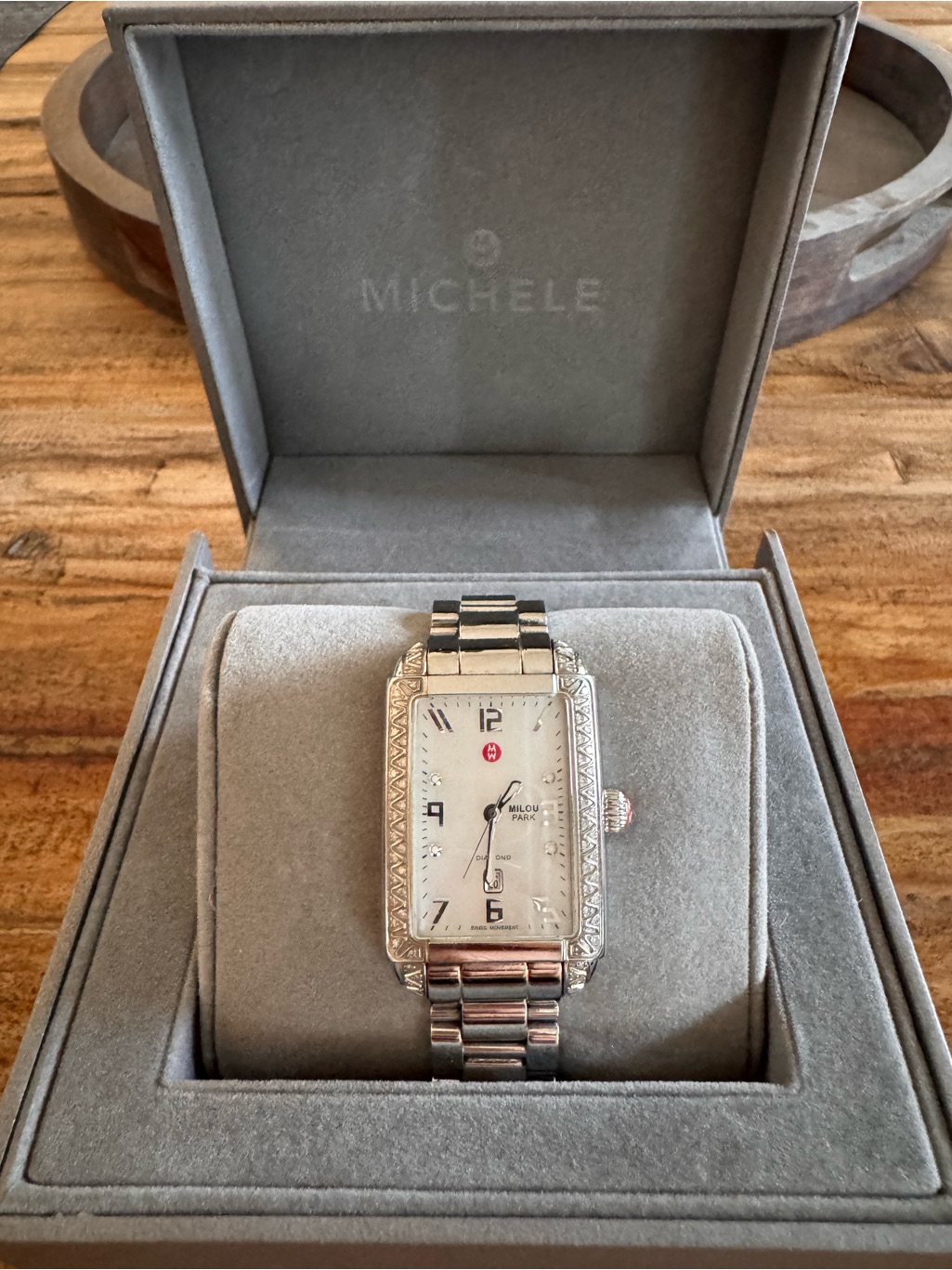 Michele Silver Diamond Rectangular Watch